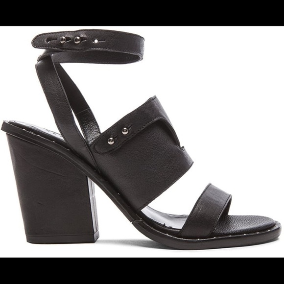 Freda Salvador Calfskin Go Strap Heeled Sandal Black Leather Block Heel Studded - Picture 3 of 11